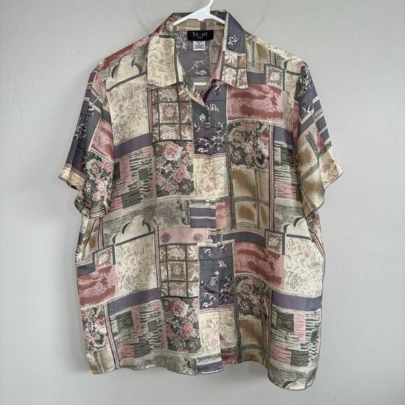 Vintage Stunt Petite 100% Silk Woman Blouse PL Pink Purple Floral Short Sleeve - Picture 1 of 7